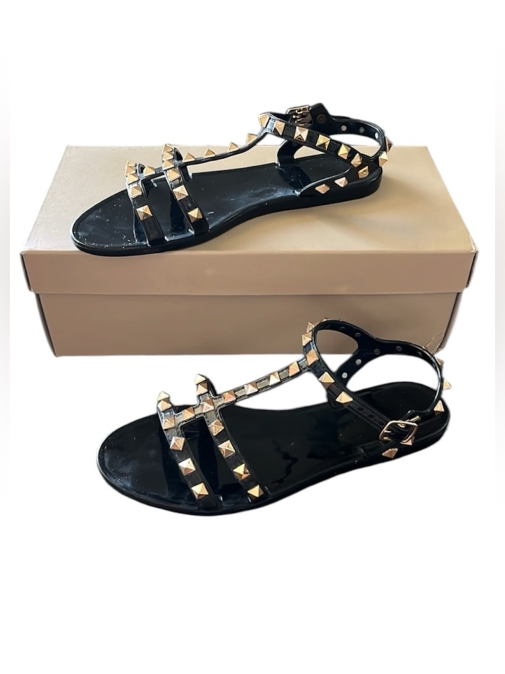 Black Rockstud Inspired Studded Jelly Sandals Size 37 US 6.5 Ankle Strap - Picture 2 of 6